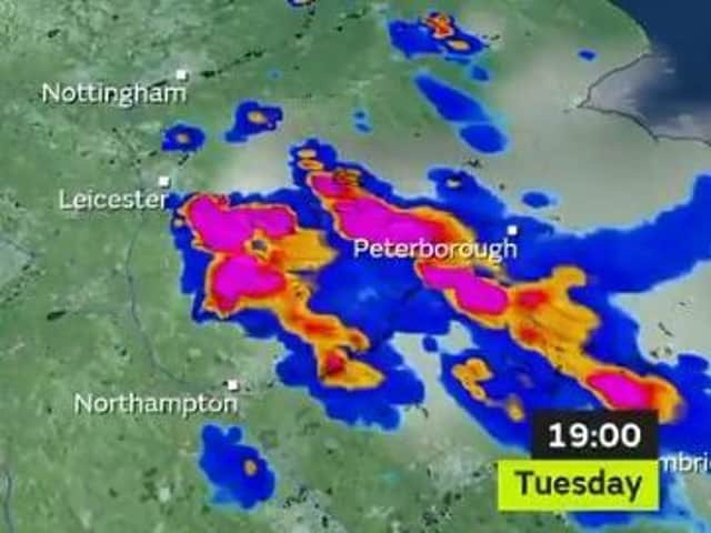 Met Office rain radar shows storms hitting parts of Northamptonshire on Tuesday evening