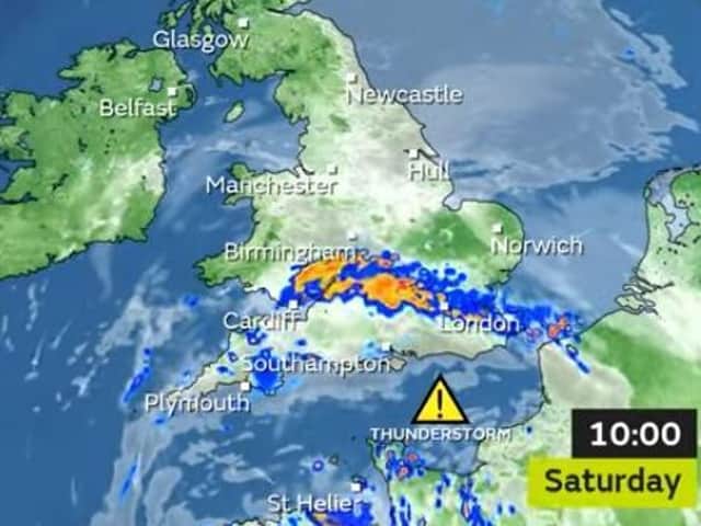 Forecasts show a band of heavy rain over Northamptonshire at around 10am on Saturday