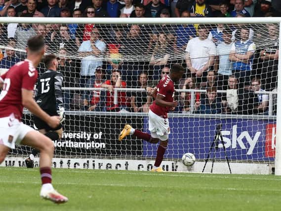Cobblers striker Nicke Kabamba was presented with a simple tap-in after a mistake by Birmingham goalkeeper Matija Sarkic. Picture: Pete Norton.