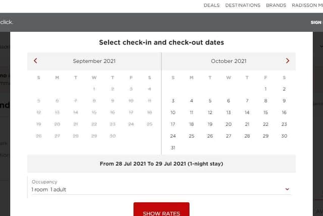 A screenshot of September bookings (currently unavailable) and October bookings (currently available) on the Radisson website.