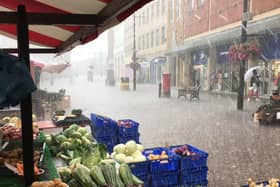 Market Square in the torrential rain.