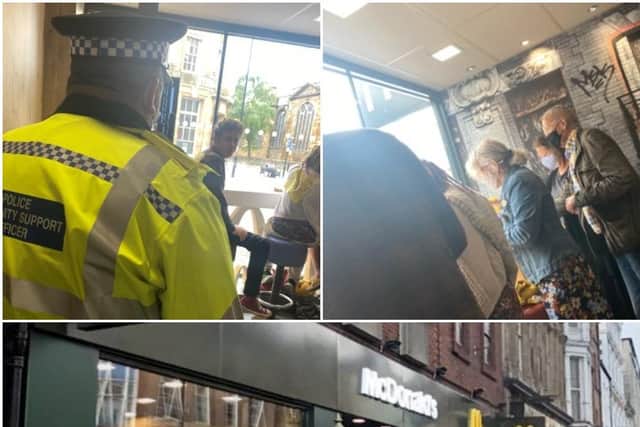 A police community support officer (top left) attended the protest (top right) in McDonald's Drapery (bottom)