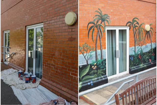 Before and after the mural was painted at the Northampton General Hospital staff flats communal garden