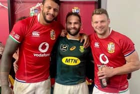 Courtney Lawes, Cobus Reinach and Dan Biggar after Saturday's third and final Lions Test in Cape Town