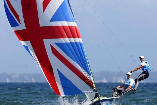 Dylan Fletcher and Stuart Bithell of Team Great Britain in the Men's Skiff 49er class (Photo by Phil Walter/Getty Images).