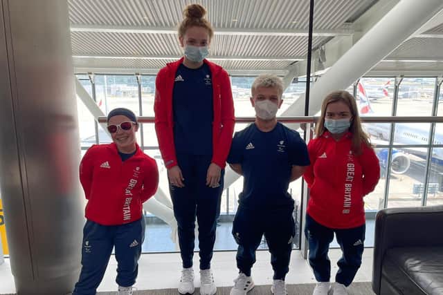(L-R) Northampton Swimming Club members Ellie Robinson, Zara Mullooly, Will Perry and Maisie Summers-Newton at the airport before heading to Japan for the Tokyo 2020 Paralympic Games.