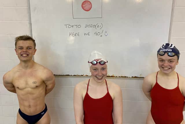 (L-R) Northampton Swimming Club members Will Perry, Ellie Robinson and Maisie Summers-Newton at their final training session before the Tokyo 2020 Paralympic Games.