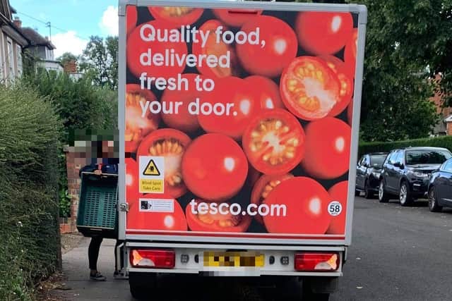 Our reader snapped the tesco van blocking the footpath in Trinity Avenue