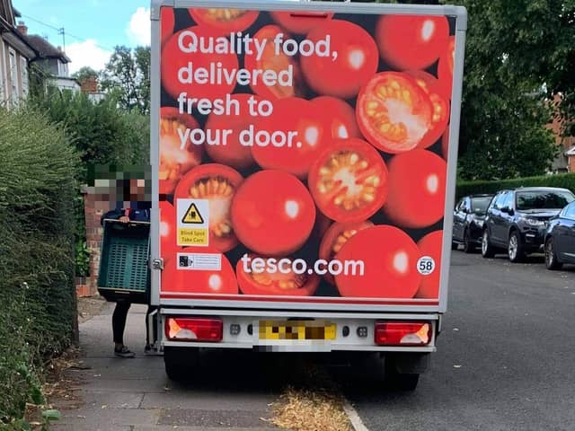 Our reader snapped the tesco van blocking the footpath in Trinity Avenue