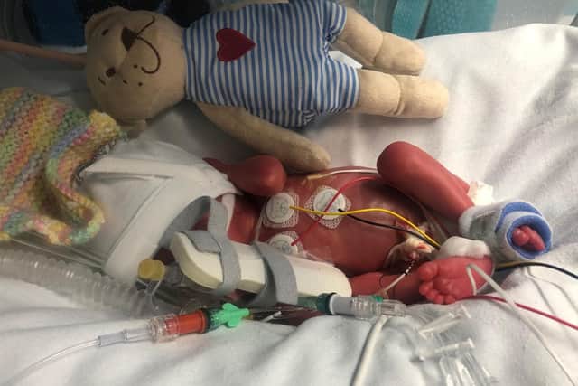 Little Logan was smaller than his teddy bear when he was born at Northampton General Hospital