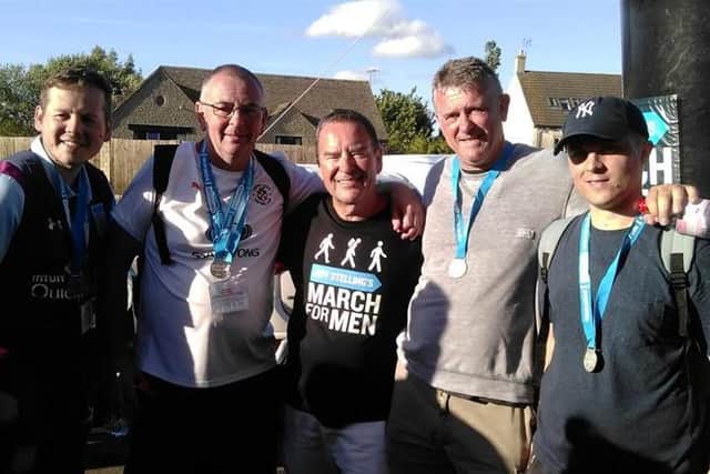 Ryan Peverell (left), Jeff Stelling (middle), Andy Peverell (second from right) and Dominic Peverell (right) at a previous year's March for Men.
