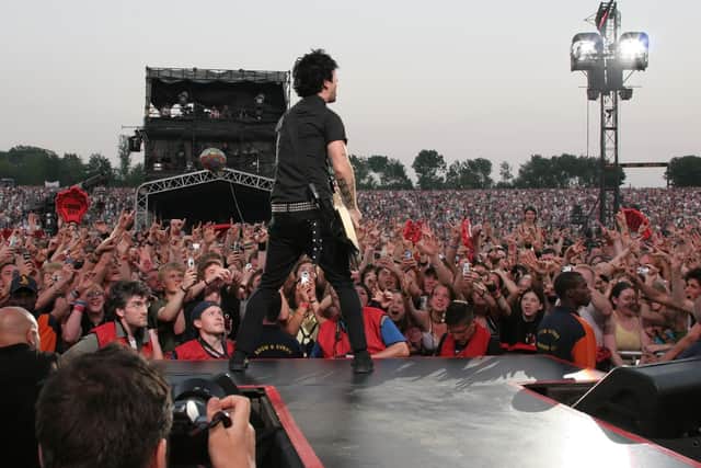 Billy Joe Armstrong from Green Day performing at the National Bowl. Photo by Barry Rivett.
