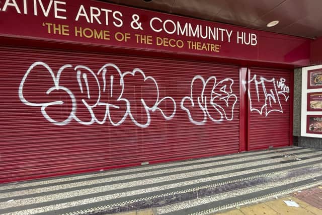 Graffiti left on the main entrance of The Deco.