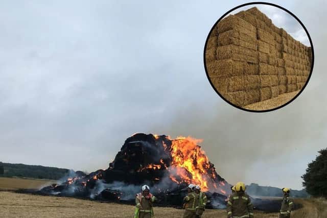 The 600 hay bales before and after they were engulfed by flames.
