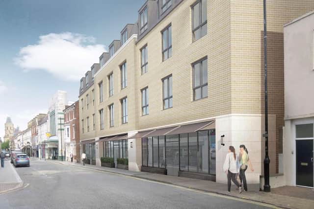 An artists' impression of the block of flats on the vacant plot on St Giles' Street, Northampton. Photo: Strettons