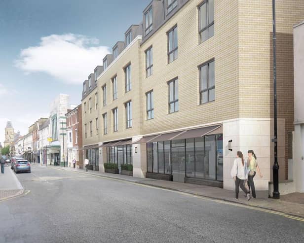 An artists' impression of the block of flats on the vacant plot on St Giles' Street, Northampton. Photo: Strettons