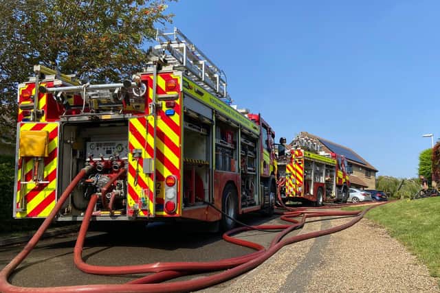 Five crews of firefighters tackled the blaze in a house in Yardley Hastings yesterday