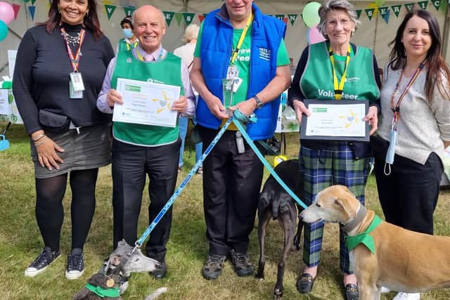 Left to right: Dawn Wright, St Andrew’s Voluntary Services Manager, Volunteers Roger Brewer, Christopher Yates, Anne Ford and Joanna Mawdsley Voluntary Services Assistant at St Andrew’s.