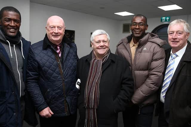 Kevin (centre) is pictured on a previous visit to Sixfields alongside former players Steve Brown, Graham Carr, Glenville Donegal and Graham Reed.