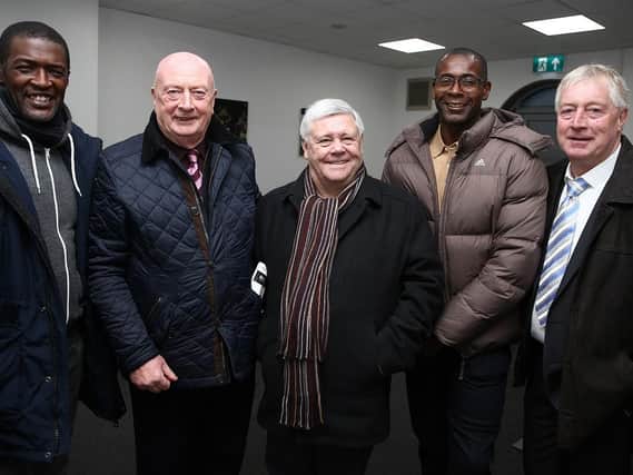 Kevin (centre) is pictured on a previous visit to Sixfields alongside former players Steve Brown, Graham Carr, Glenville Donegal and Graham Reed.