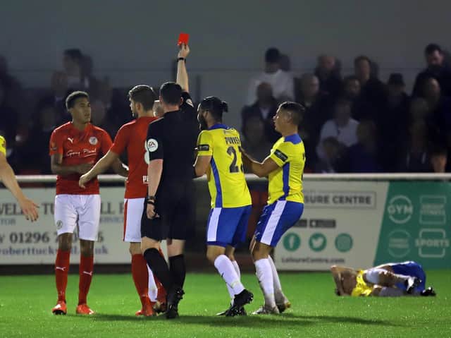 James Armson was sent off during the first half of Brackley Town's 3-1 home defeat to Darlington. Pictures by Peter Short