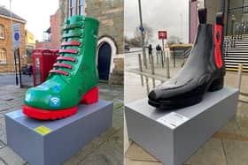 The shoe sculptures on St Giles Street (left) and outside Northampton train station (right).