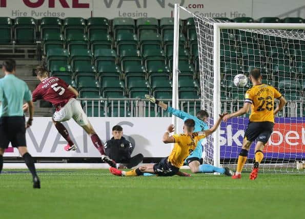 Jon Guthrie blasts home the winner at Newport. Picture: Pete Norton.