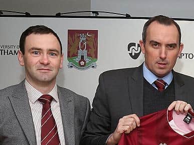 Chief executive James Whiting, pictured here with Kelvin Thomas, has been promoted to the Cobblers board of directors