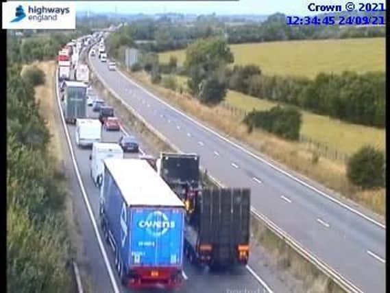 Queues on the A14 this lunchtime after a three-vehicle pile-up