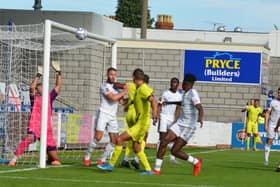 Matt Lowe struck the crossbar with this effort after scoring his fifth goal of the season during Brackley Town's 2-0 success at AFC Telford United. Picture by Brian Martin