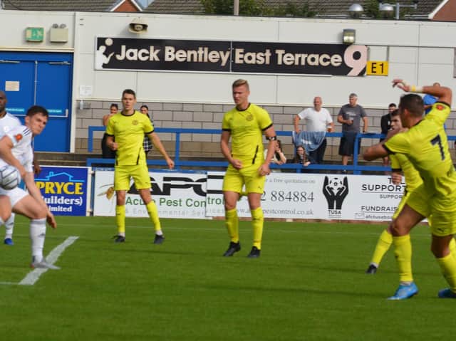 Matt Lowe fires home his fifth goal of the season in Brackley Town's 2-0 win at AFC Telford United last weekend. Picture by Brian Martin