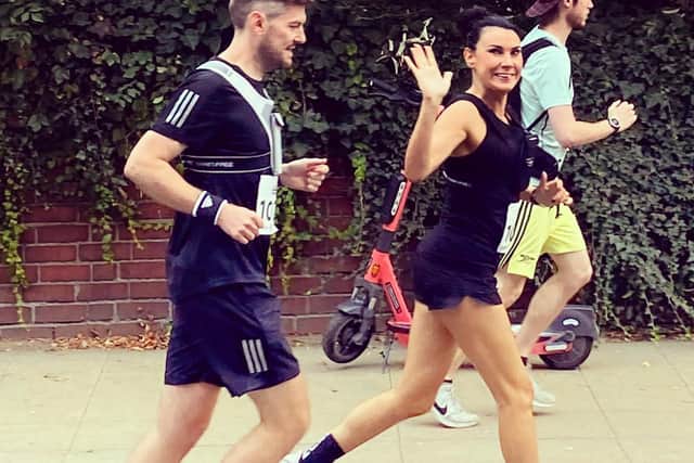 Sarah Beard and her partner of 17 years, James Marshall, running the Northampton Half Marathon.