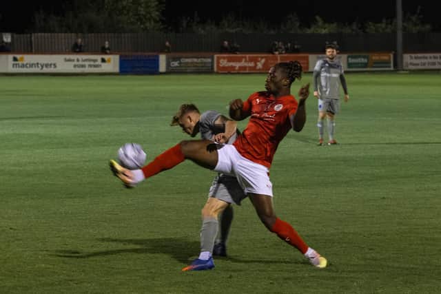 Action from Brackley Town's FA Cup win over Hanley Town. Picture by Glenn Alcock
