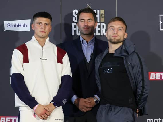 Kieron Conway (left) alongside JJ Metcalf (right) and promoter Eddie Hearn
