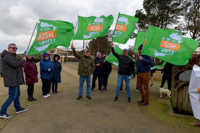Some of the participants who took part in the Walk for Unity, along the Foyle embankment on Saturday morning last, calling on the British government for a referendum on Irish unification. Photo: George Sweeney.  DER2208GS – 090