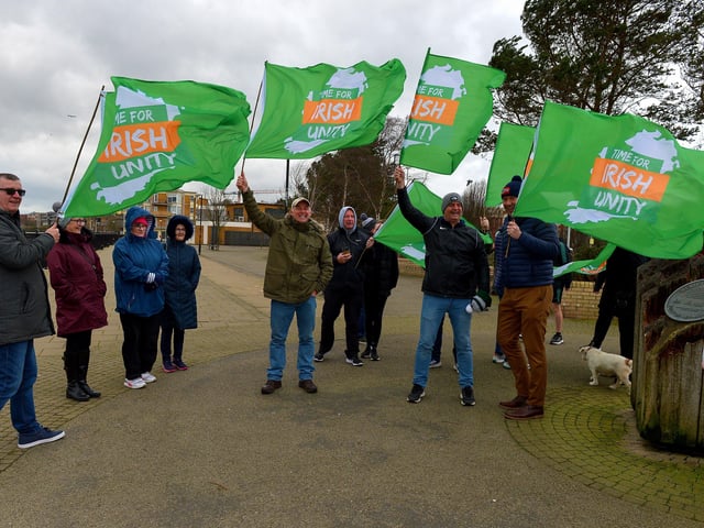 Some of the participants who took part in the Walk for Unity, along the Foyle embankment on Saturday morning last, calling on the British government for a referendum on Irish unification. Photo: George Sweeney. DER2208GS – 090