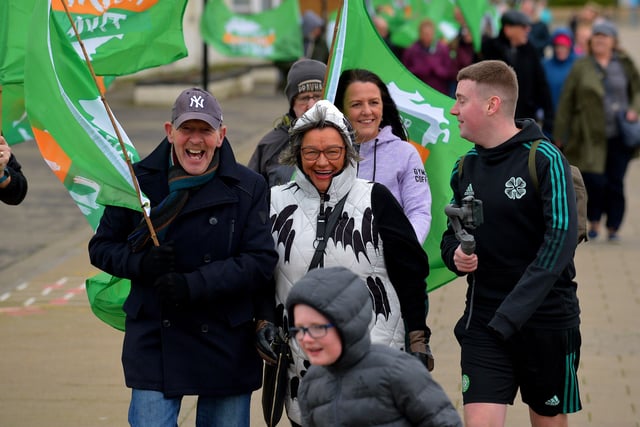 Some of the participants who took part in the Walk for Unity, along the Foyle embankment on Saturday morning last, calling on the British government for a referendum on Irish unification. Photo: George Sweeney.  DER2208GS – 093