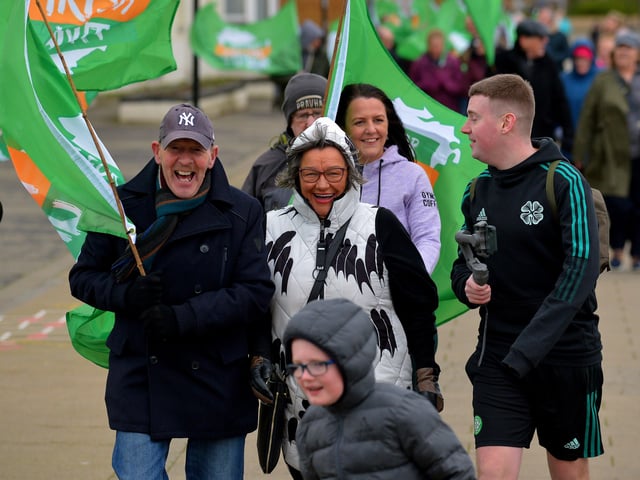 Some of the participants who took part in the Walk for Unity, along the Foyle embankment on Saturday morning last, calling on the British government for a referendum on Irish unification. Photo: George Sweeney. DER2208GS – 093