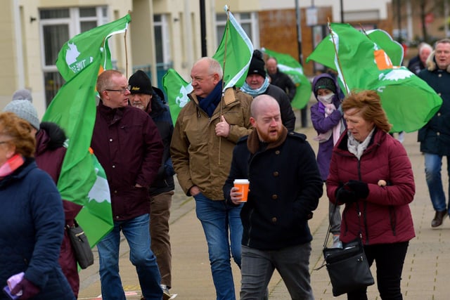 Colr. Paul Fleming was among the participants in the Walk for Unity, along the Foyle embankment on Saturday morning last, calling on the British government for a referendum on Irish unification. Photo: George Sweeney.  DER2208GS – 095
