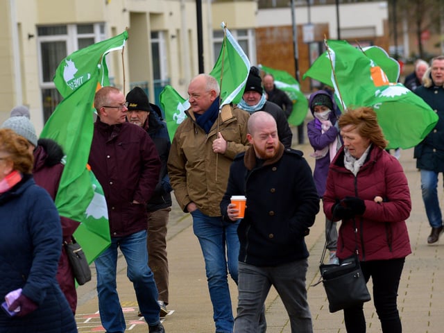 Colr. Paul Fleming was among the participants in the Walk for Unity, along the Foyle embankment on Saturday morning last, calling on the British government for a referendum on Irish unification. Photo: George Sweeney. DER2208GS – 095
