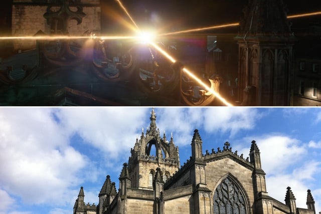 Vision and Corvus Glaive continue to fight it out on the roof of Giles Cathedral on the other side of the Mile. They smash each other into the wall, breaking apart stones that are almost a thousand years old. Vision does considerably more damage when he unleashes his laser, which blasts through the roof of the cathedral and even reaches the Mercat Cross in the square below, where Wanda and Proxima Midnight are still fighting.