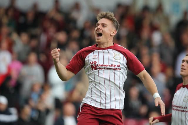 Sam Hoskins celebrates one of his 20 goals this season