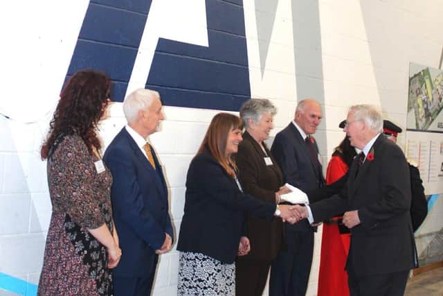 HRH The Duke of Gloucester being introduced to Adrenaline Alley CEO/Founder Mandy Young MBE DL.