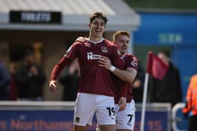 Kieron Bowie celebrates after giving Cobblers the lead against Cambridge with his first goal of the season. Picture: Pete Norton