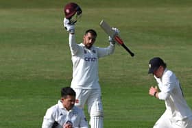 Saif Zaib celebrates one of his six centuries for Northamptonshire in the 2025 season