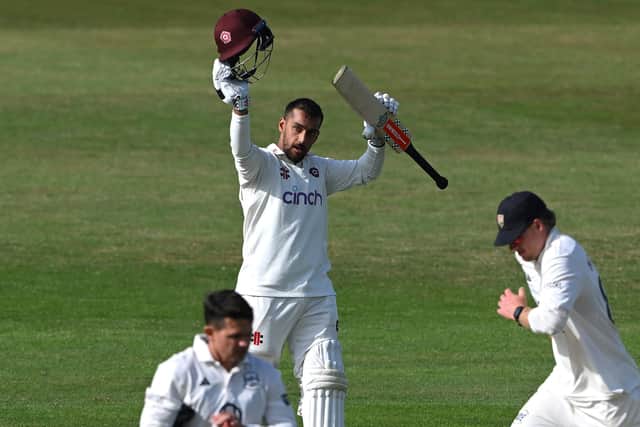 Saif Zaib celebrates one of his six centuries for Northamptonshire in the 2025 season
