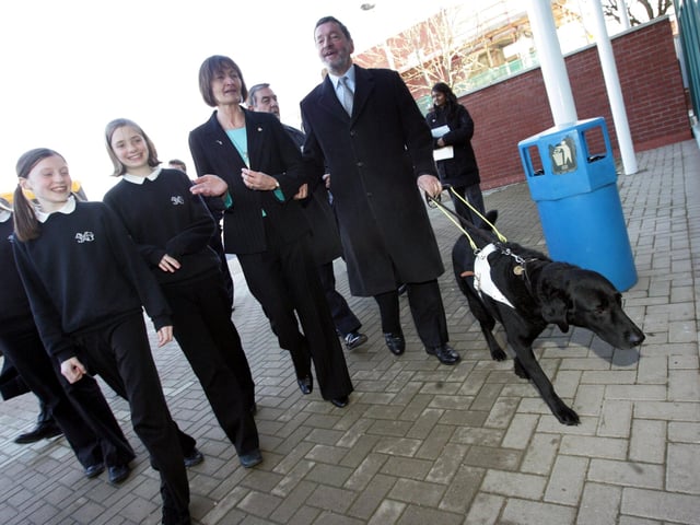 David Blunkett (former Home Secretary) visits Northampton School For Girls regarding the proposed yellow school bus scheme. Pictured in 2008, David with the head Penny Westwood and some pupils