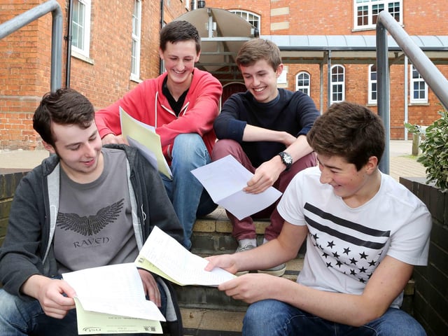 2014 - GCSE results at Northampton School for Boys. Front L-R Jake Lyon and Sam Thompson. Back L-R James Hammond and Jamie Shaw.