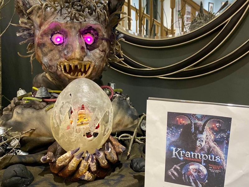 Krampus Cake is set up in reception and the main café area of the home at Brampton View with the written history and flashing eyes!