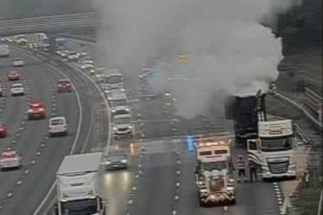 A lorry fire on the M1 has left queues of up to six miles heading north at Northampton